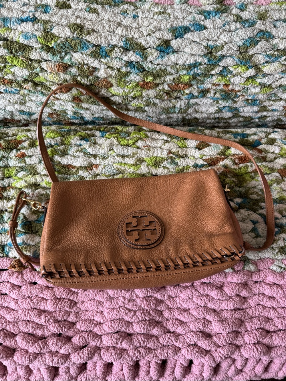 Tory Burch Brown Leather Whipstitch Crossbody Bag